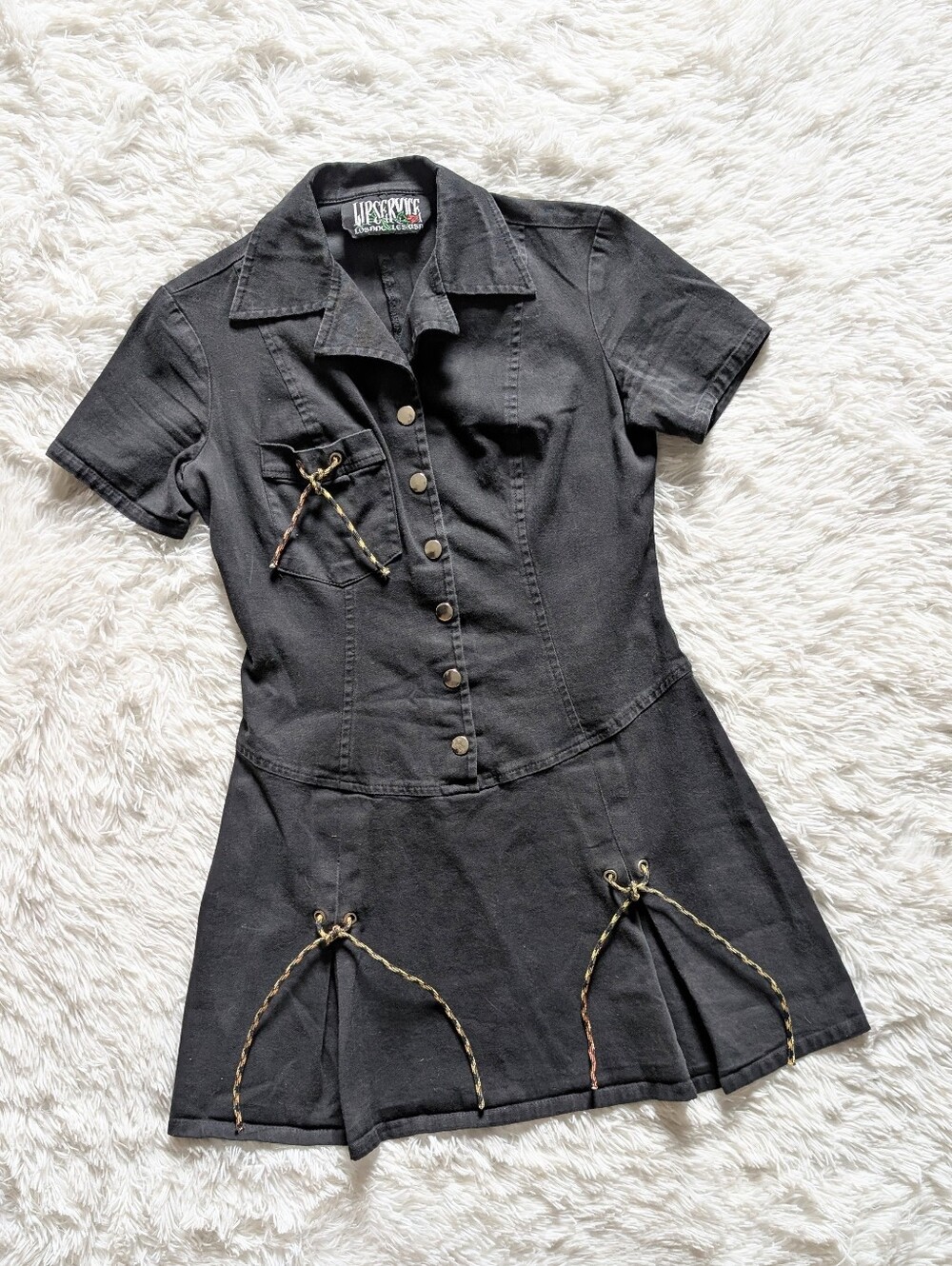 90s Lip Service Black Snap Front Gothic Utility Pleated Mini Dress Small